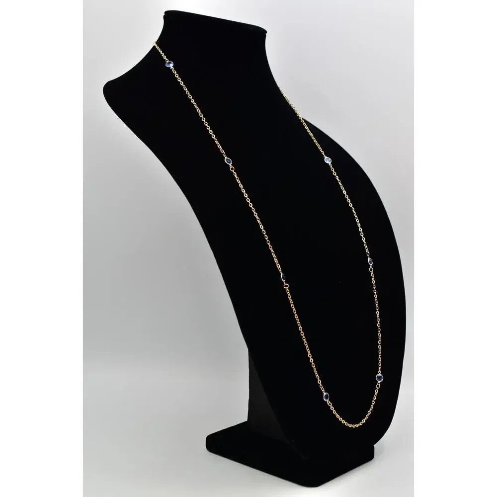 Vintage Blue Open Bezel Crystal Necklace Station Chain Gold Tone 1980s BinBJ